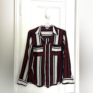 EXPRESS PORTOFINO BLOUSE - SLIM FIT - PETITE - MAROON/NAVY/WHITE STRIPE - SIZE M